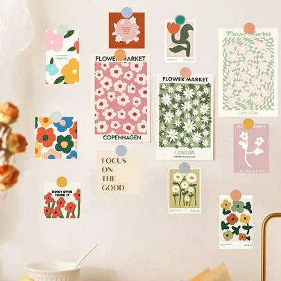 17 cái/bộ (15 tấm thiệp trang trí + 2 miếng dán màu ngẫu nhiên), áp phích trang trí ảnh nghệ thuật và hoa, miếng dán tự làm cho thiệp và đồ trang trí tường, bưu thiếp trang trí phòng ngủ trong nhà