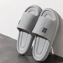 新款女士家居拖鞋加厚耐磨软底沐浴防滑Eva拖鞋灰色纯色条纹字母设计适合室内外使用旅行便携 - 灰色 - 查看 3