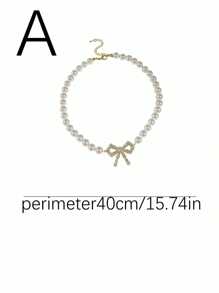 Rhinestone Bow Decor Faux Pearl Beaded Necklace Valentines,Mom,Mother,Mother's Day,Gift - Silver - View 14