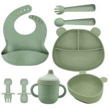 8 pezzi/set Stoviglie di alimentazione per bambini, piatti in silicone con base a ventosa, bavaglini regolabili, forchette, cucchiai, tazza per snack e tazza per paglia in silicone