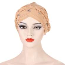 European And American Style Milk Silk Solid Color Studded Braid Bandana Headscarf Cap For Spring And Autumn