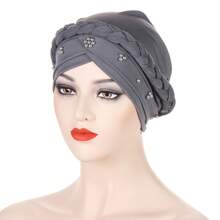 European And American Style Milk Silk Solid Color Studded Braid Bandana Headscarf Cap For Spring And Autumn