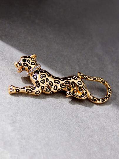 1pc Gold-Plated Black Leopard Shaped Brooch, Fashionable Accessory For Men's Suit And Shirt