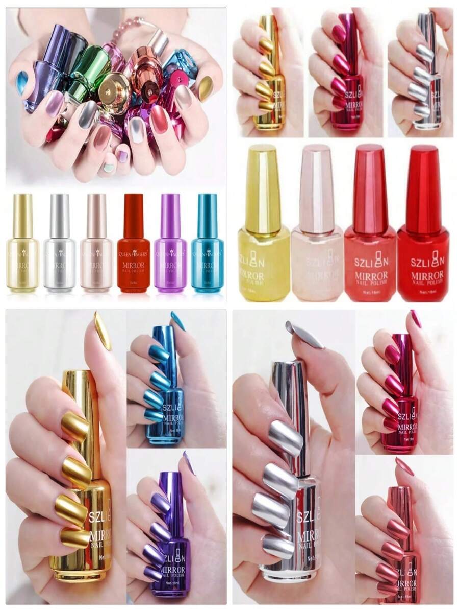 12 Esmalte Efecto Espejo Mirror Colores Metalicos Secado Rapido - Multicolor - Ver 1