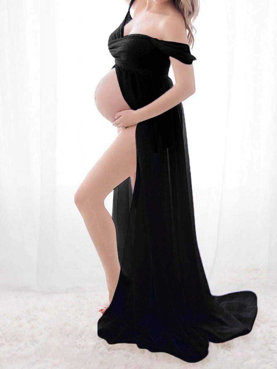 Vestidos De Maternidad Para SesióN De Fotos, Vestido De Encaje De Gasa Con Hombros Descubiertos, Maxivestidos De FotografíA Con Frente Dividido - Negro - Ver 1
