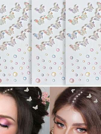 3Pcs/Set Women's 3D Butterfly Faux Pearl Gem Self-Adhesive Hair Accessories Rhinestone Hook And Loop, Suitable For Makeup DIY Performance Party Use Pink Purple White ,Hair Styling Tools