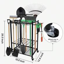 Garden Tool Organizer, Yard Tool Organizer For Garage,Garden Tool Organizer With Wheels, Up To 35 Long-Handled Tools/Rakes/Brooms, Heavy Duty Steel Garden Tool Stand For Shed, Outdoor, Black - 黑色 - 查看 2