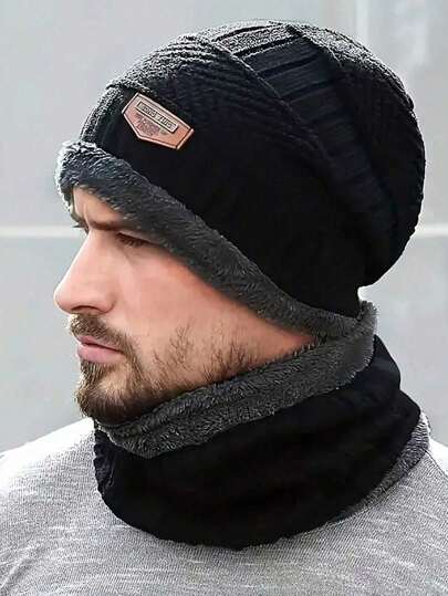 1 Pcs Conjunto Inverno Cachecol Infinito Forrado Chapéu Luvas, Gola De Pescoço Quente Espessada De Tricô Luvas De Malha Touca Masculina, Chapéus De Lã Espessados, Quentes E De Veludo, Para Montanhismo, Esqui, Ciclismo Chapéu De Veludo Quente De Malha Para Inverno Espessado & Gola De Pescoço, Chapéu De Protéção De Orelha Frio Para Homem, Chapéu Fashion Versátil De Tamanho Grande