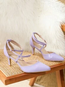 Zapatos de tacón elegantes para mujer con correa cruzada, hebilla, punta afilada, estilo versátil de unicolor europeo y americano para uso diario casual - Morado - Ver 7