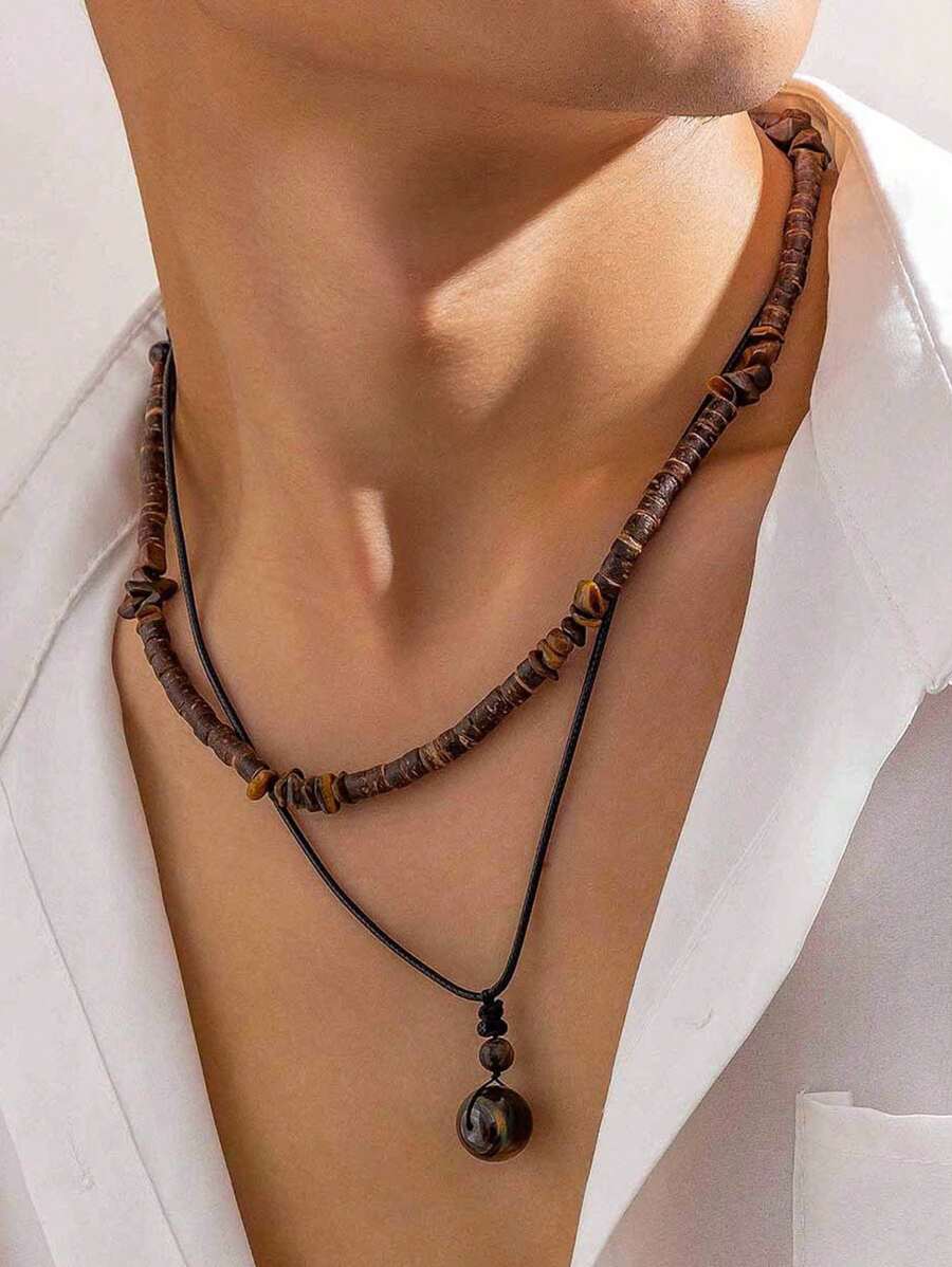 HOTNICE 2入組時尚椰子殼藍綠松石蠟線頸鏈套裝，適用於男性嘻哈集團，復古和波希米亞風格椰子殼、松石和木珠項鏈，適合男士日常海灘度假裝飾，迷人的珠寶套裝禮物 - 項鍊 - 查看 1