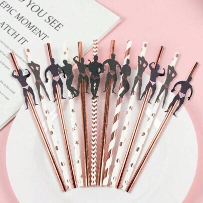 12 piezas de pajitas de papel desechables de color oro rosa para fiestas de solteros, entrenamiento, deportes, acondicionamiento físico, hombres y mujeres de tema muscular, bodas, inauguraciones de casa, decoraciones para duchas nupciales