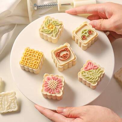 6pcs/Set DIY Moon Cake Molds,Square Shaped Pastry Hand Press Cookie Stamps,Perfect For Mid Autumn Festivals And Baking -Mung Bean Mooncake Mold, Cookie Cutters,Round Flower Cake Mould