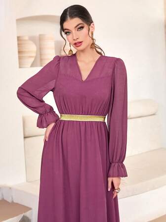 Solid Color Splicing V-Neck Long Sleeve Pleated Dress, Casual Wear
