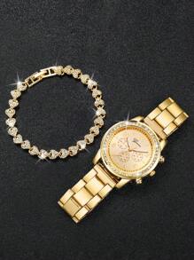 Women's 6pcs/Set Stainless Steel Band Quartz Wrist Watch With Diamond Dial & Heart-Shaped Crystal Bracelet, Elegant Watch Accessory Set (Excluding Watch Box) - 彩色 - 查看 10