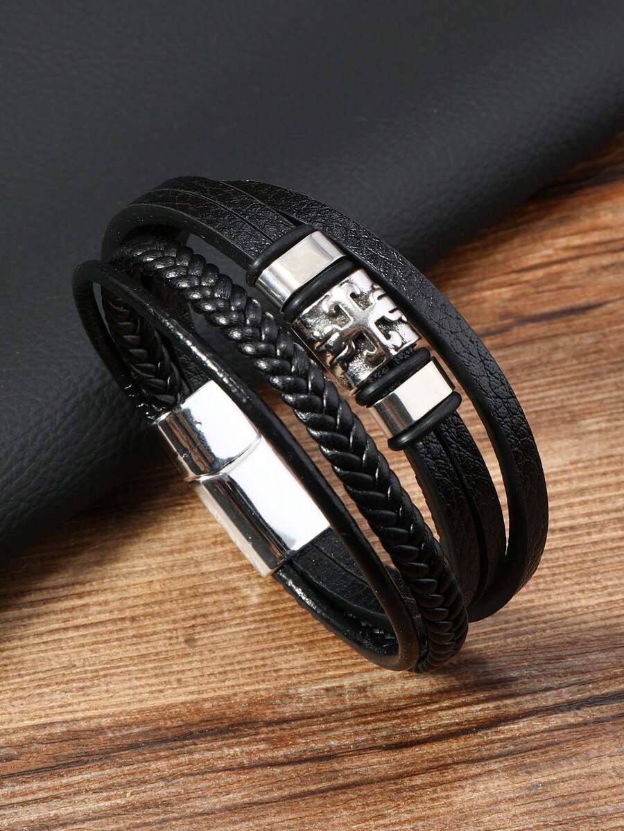 1pc Vintage Leather & Alloy Beaded Decorated Cross Bracelet, Men's Leather Bangle - Black - View 1