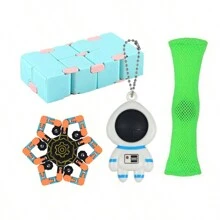 (4pcs)Decompressor Fidget Toy Bag Pocket Flip Cube Marble And Mesh Fidget Marble Sensory Toy Infinite Cube Astronaut Pushing Bubble Keychain Mini Bubble Pop