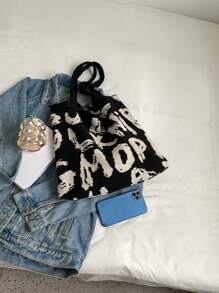 时尚撞色渐变熊头豹纹休闲购物手提包 - 黑與白 - 查看 4