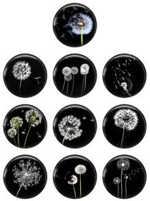 10 piezas de vidrio redondo de cabujón con diseño de diente de león de 12 mm / 20 mm / 25 mm y 10 piezas de vidrio redondo de cabujón de foto mixta para hacer hallazgos planos con parte trasera plana