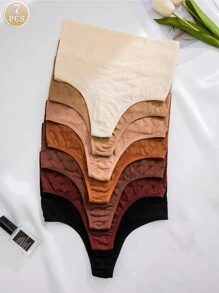 Conjunto de 7 piezas de ropa interior tipo tanga sin costuras para mujer con control de abdomen de cintura alta, corazón bordado y rayas tejidas
