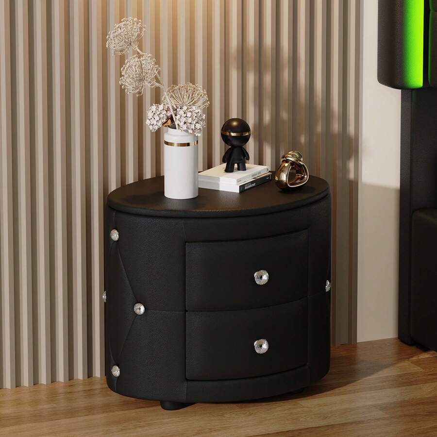 Elegant PU Nightstand With 2 Drawers And Crystal Handle,Fully Assembled Except Legs&Handles,Storage Bedside Table - Black/White - 黑色 - 查看 1