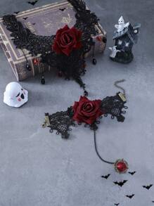 1套哥特式暗黑復古蕾絲花領項鍊套裝，酷炫時尚設計，帶有玫瑰花手指鏈，高雅奢華的宮廷風格血滴流軟骨頸鍊珠寶套裝，適合女性佩戴，適用於萬聖節、感恩節、派對等節日場合，非常適合裝扮和節日禮物 - 黑色 - 查看 3