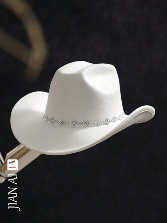 1pc Women Ladies Neutral Solid Color Faux Rhinestone Rhombus Decor Western Cowboy Hat, Stylish Aesthetic, Suitable For Western Themed Events, Parties, Engagements, Cosplay, Graduations, Masquerades, Festivals, Weddings, Birthdays, Music Festivals