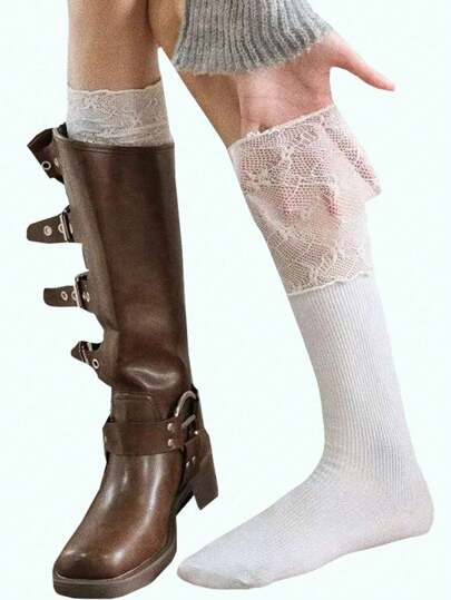1pair Women's White Lace Patchwork Over-The-Knee Socks, Can Be Worn Outside Cuffed Retro Maillard Style Long Stockings