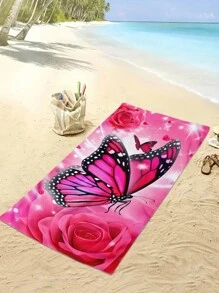 1 件 - 大号超细纤维沙滩毯，带红色蝴蝶图案，便携、柔软、多功能沙滩巾，男女皆宜