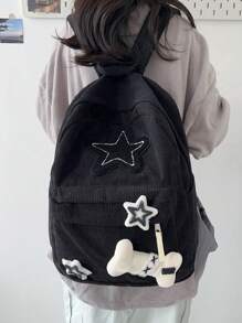 休闲灯芯绒星星背包，大学书包，带 14 英寸笔记本电脑隔层，大容量旅行背包，男女笔记本电脑包，星星印花女包，便携、轻便，适合少女、女大学生，非常适合返校、大学、中学、高中、开学第一天，星星镂空女包 - 黑色 - 查看 4