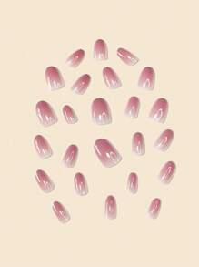 24 uñas postizas en color beige degradado con borde dorado y polvo brillante + 24 piezas de pegamento de gelatina + lima para aplicar uñas postizas
