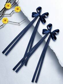 2pcs 4.5-Inch Fashion Hair Accessories Bowknot With Tassel Ribbon Bow Hair Clips For Girls, Suitable For Holidays, Parties, School And Other Occasions - Navy Blue - View 6