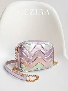 CEZIRA Bolso de hombro de PU metalizado y de lujo para mujeres y adolescentes, con cierre de cremallera, cadena cuadrada de metal y diseño de rayas de ola de color, perfecto para uso diario, citas y vacaciones. Elegante y colorido bolso de mano para mujer. - Multicolor - Ver 4