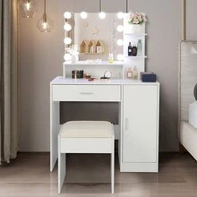 Vanity Desk With Lights, Makeup Vanity Set, Dressing Table Set With Storage Shelves & Drawer, Vanity Mirror 3 Lighting Color Adjustable, Cushioned Stool, For Women, Girls, Bedroom - White - View 2