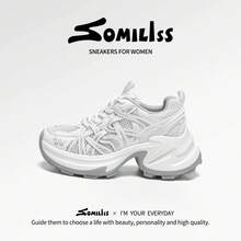 Somiliss Women's Sporty Anti-Slip Breathable Summer Shoes, Silver Front Tie Ultra-Fiber Leather Mesh Running Shoes, Classic And Fashionable 6cm Heel Height Low Vamp Outdoor Walking Shoes - White - View 3