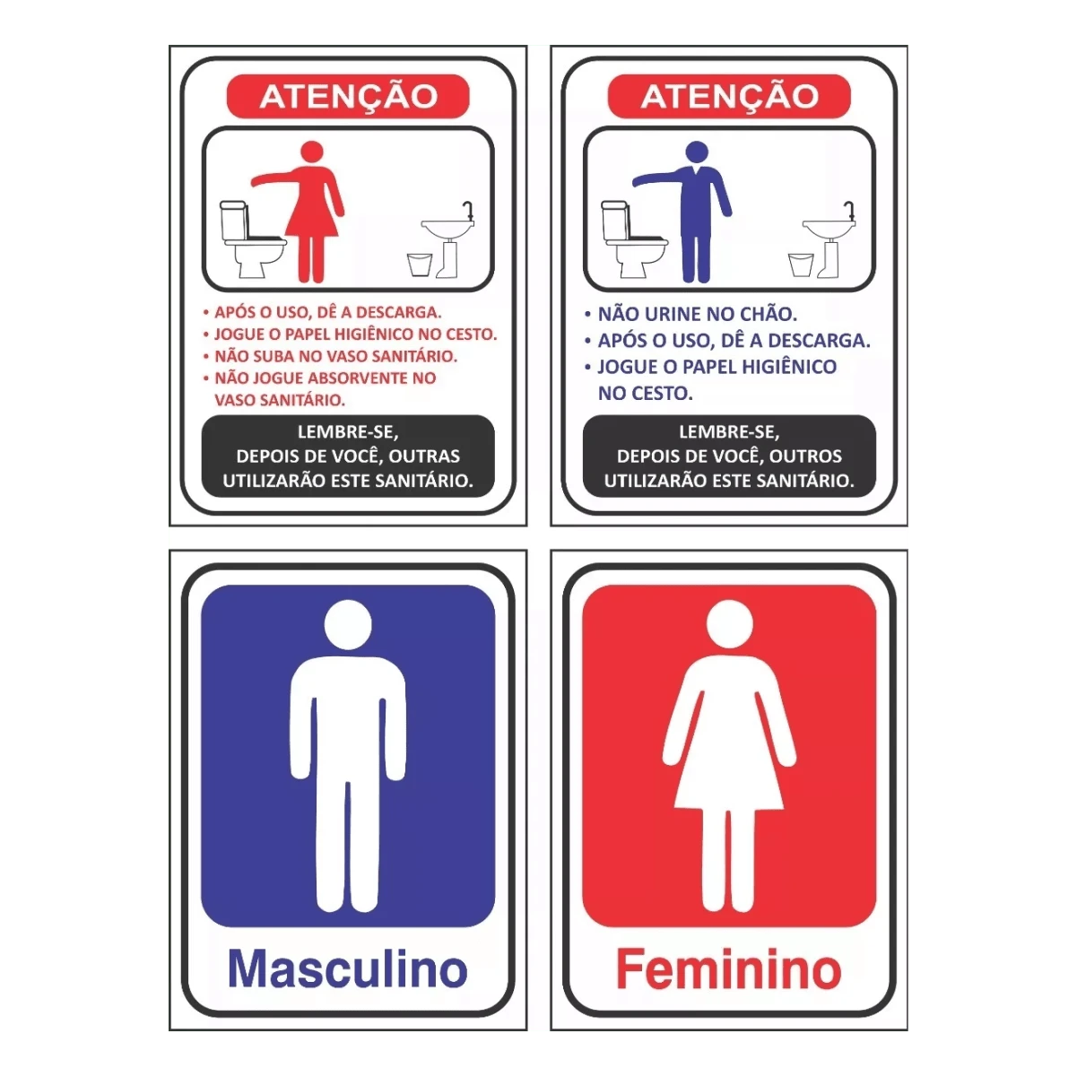 4 Placas Banheiro Feminino Masculino Sinalização Das Regras Educacional orientação