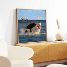 1 pieza Sin marco, Póster de emojin de gato gordo y tiburón, Estilo de pintura renacentista, Impresiones de lienzo, Decoración de impresión ecléctica, Divertida decoración de pared para el hogar, Obra de arte para regalo, para dormitorio, sala de estar, decoración de pared, hogar y decoración de dormitorio