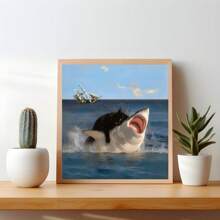 1 pieza Sin marco, Póster de emojin de gato gordo y tiburón, Estilo de pintura renacentista, Impresiones de lienzo, Decoración de impresión ecléctica, Divertida decoración de pared para el hogar, Obra de arte para regalo, para dormitorio, sala de estar, decoración de pared, hogar y decoración de dormitorio