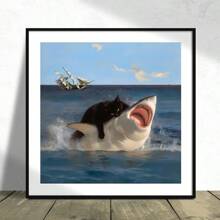 1 pieza Sin marco, Póster de emojin de gato gordo y tiburón, Estilo de pintura renacentista, Impresiones de lienzo, Decoración de impresión ecléctica, Divertida decoración de pared para el hogar, Obra de arte para regalo, para dormitorio, sala de estar, decoración de pared, hogar y decoración de dormitorio