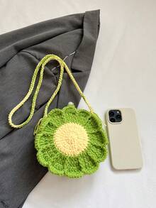 [Producto terminado] Bolso de crochet con girasoles en ambos lados, hecho a mano con bolso dulce de punto para llaves y monedas - Verde - Ver 6