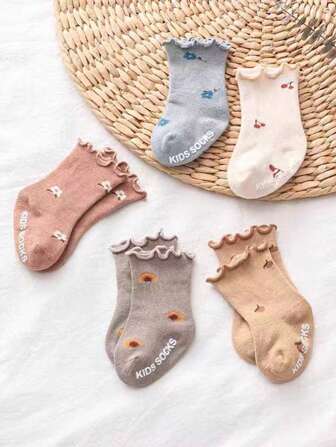 5 par Babystrumpor Vår Höst Prickade Anti-Slip strumpor med svampöron