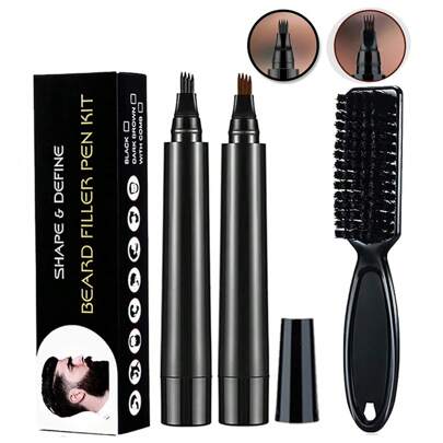 VERONNI Kit de lápiz de relleno de barba con cepillo de barba para hombres, mejora barba, bigote y cejas, kit de lápiz de 4 puntas, resistente al agua, lápiz de maquillaje natural para regalo del Día del Padre