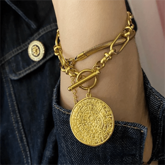 1 pulsera con colgante de moneda retro, joyería de estilo punk de acero inoxidable