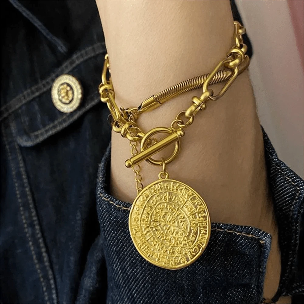 1pc Retro Coin Pendant Bracelet, Punk Style Stainless Steel Jewelry - Gold - View 1