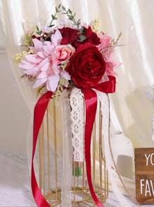 Bridesmaid Bouquet, Burnt Orange Wedding Bouquets For Bridesmaids, 11 Inch Bridal Bouquets For Bridesmaids, Wedding, Ceremony, Anniversary, Homecoming, Etc - Red - View 4