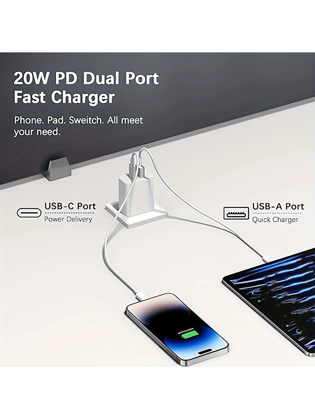 [1 Set] USB C Wall Charger Block With C-C Charger Cable [20W C Port QC3 ...