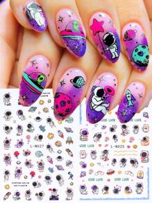 2 piezas Pegatinas de uñas de arte de cohete astronauta, pegatinas de dibujos animados de astronauta y planeta deslizantes autoadhesivos para decoraciones de manicura DIY - Multicolor - Ver 1