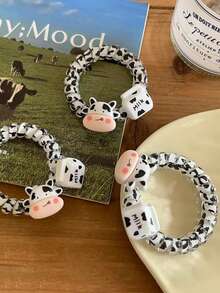 1入組可愛黑白奶牛電話線髮圈，有趣的奶牛印花牛奶瓶彈性髮圈，適用於馬尾，甜蜜髮飾 - 彩色 - 查看 2