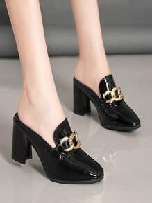 Women's Backless High Heels With Chain Decoration, Fashion Square Toe Slip-On Chunky Heeled Sandals, Versatile Outgoing Shoes