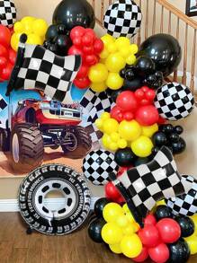 130pcs/260pcs Red Black Yellow Racing Car Balloon Arch Garland Set, Includes Tire, Racing Flag, Black & White Checkered Round Foil Balloons, Suitable For Racing Theme, Motorcycle Car Birthday Party, Toy Game Party Decorations - Multicolor - View 3