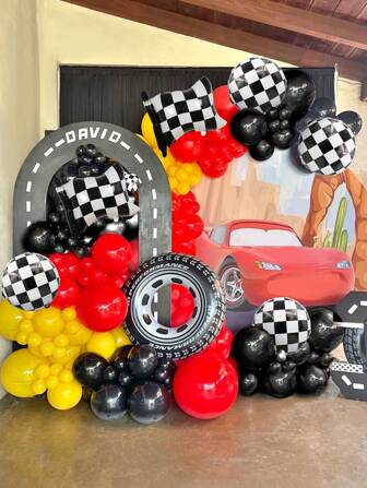 130pcs/260pcs Red, Black & Yellow Racing Balloon Arch & Wreath Set, Includes 29" Tire, 24" Racing Flag, Black & White Checkered Foil Balloons, Suitable For Racing Car Theme, Motorcycle & Automotive Birthday Party, Toy Games Party Decorations
